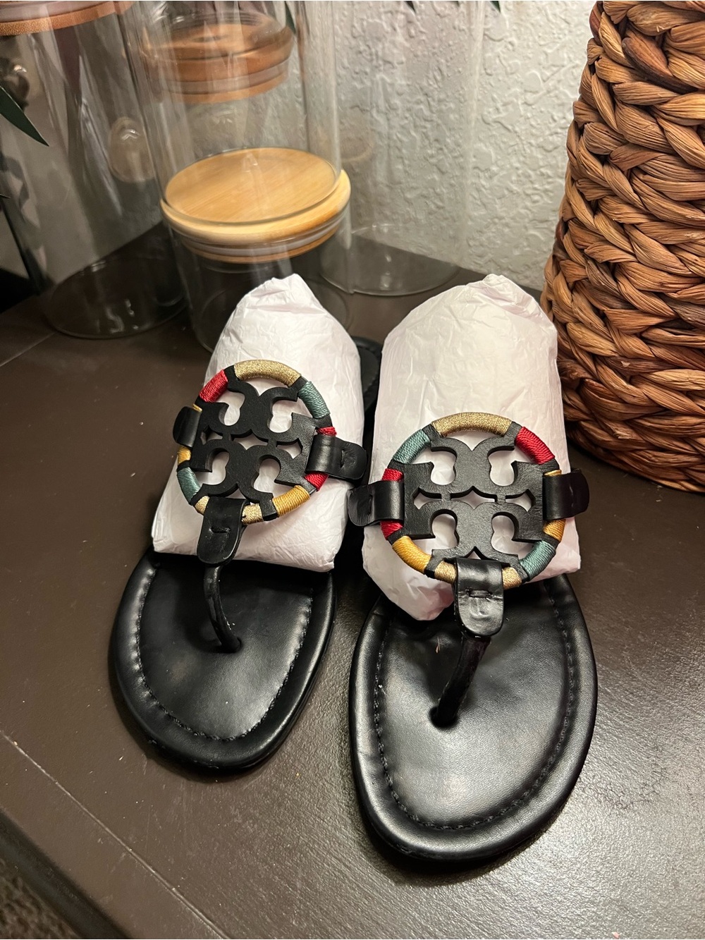 Tory Burch MILLER Black Multi GOLD RED GREEN Thong Sandals sz 7.5